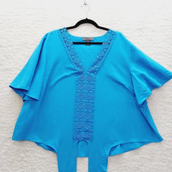 Blouse Size 3X Blue Lace Insert Cruise Going-Out Top Resortwear Vacation Whimsy - Picture 2 of 15